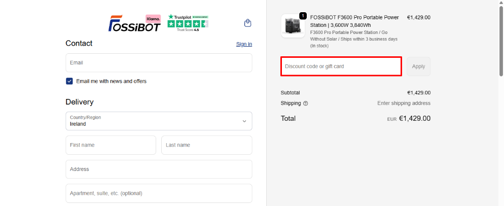 Apply your FOSSiBOT promo code into the box shown here