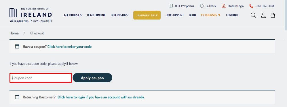 TEFL discount code place right a the top of the checkout page