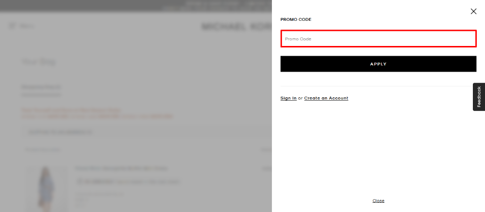 Michael Kors promo code place highlighted by a red box