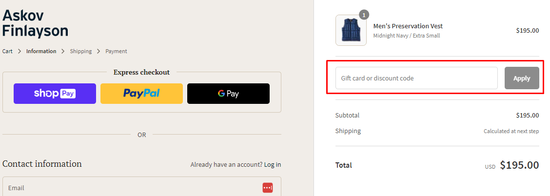 How do I use my Askov Finlayson discount code?