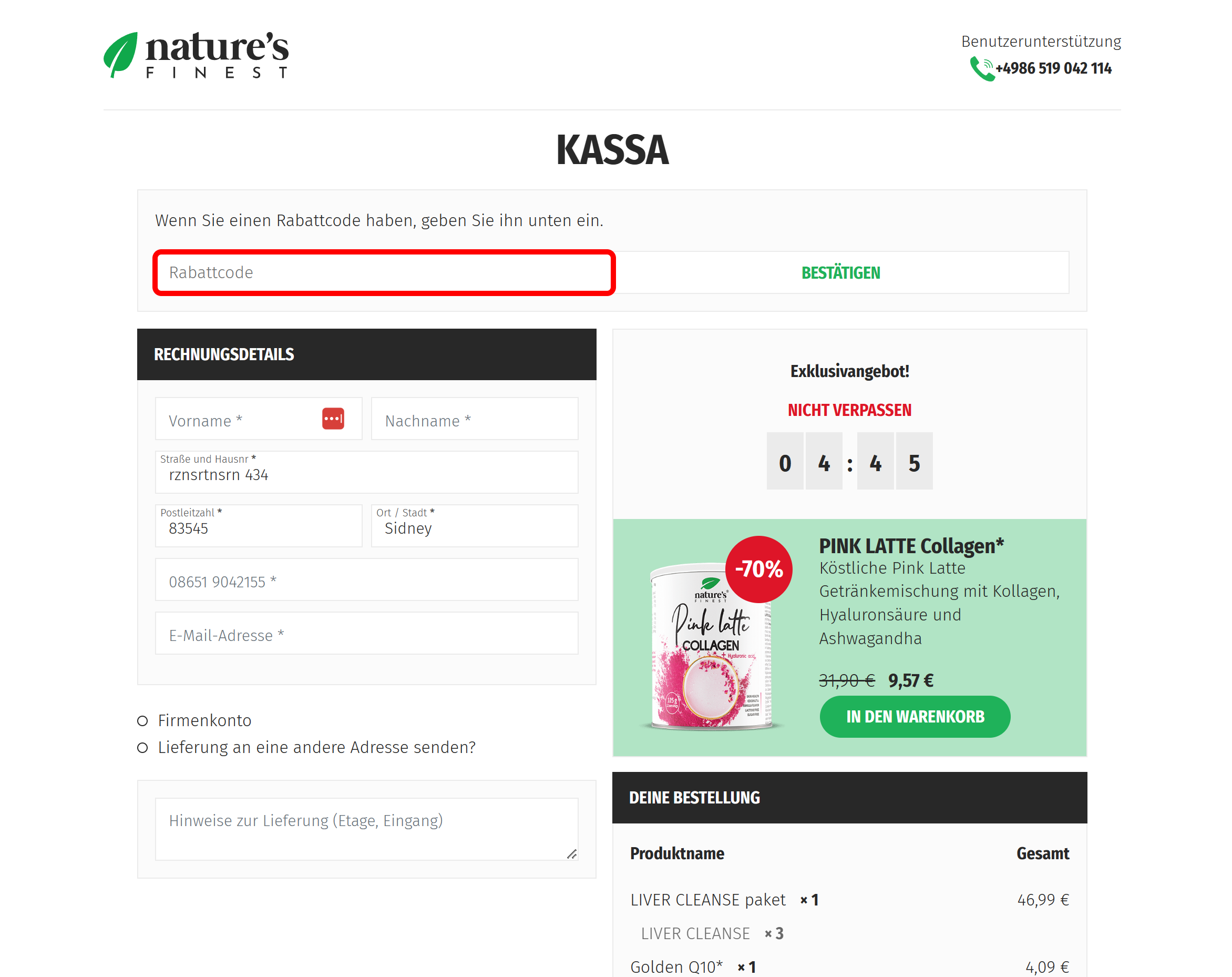 Der Warenkorb von Nature’s Finest mit rotmarkierter Stelle für den Nature’s Finest Rabattcode