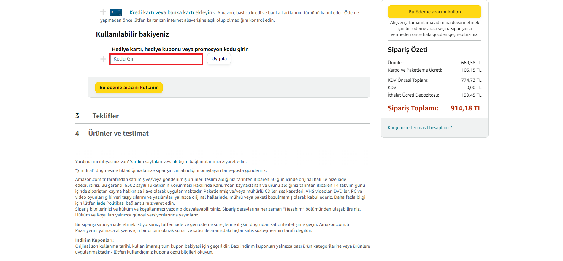 Amazon promosyon kodunun nereye ekleneceğinin kırmızı bir kutu ile vurgulandığı marka ödeme sayfası