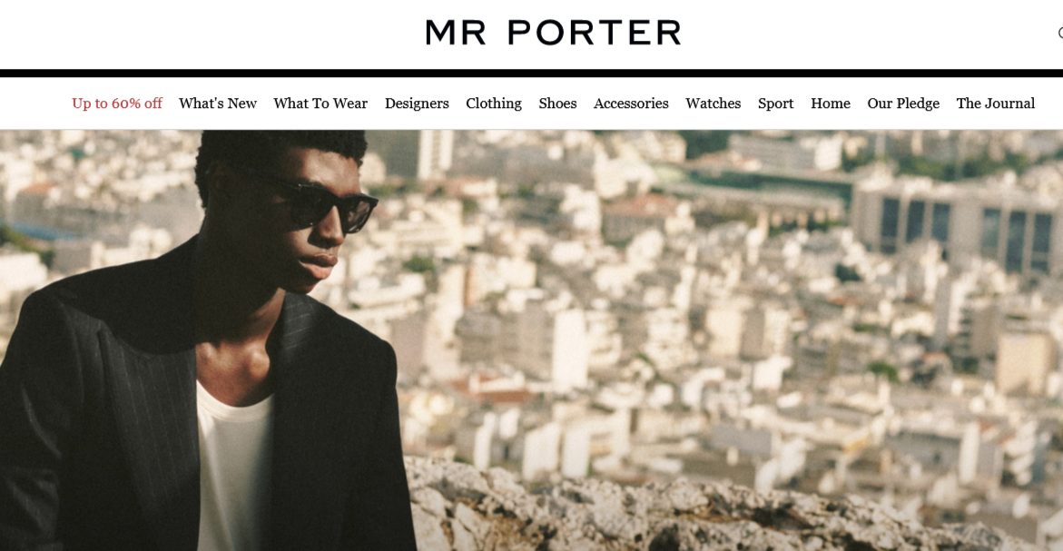 Net-A-Porter Mr. Porter page with a variety of men's clothing categories