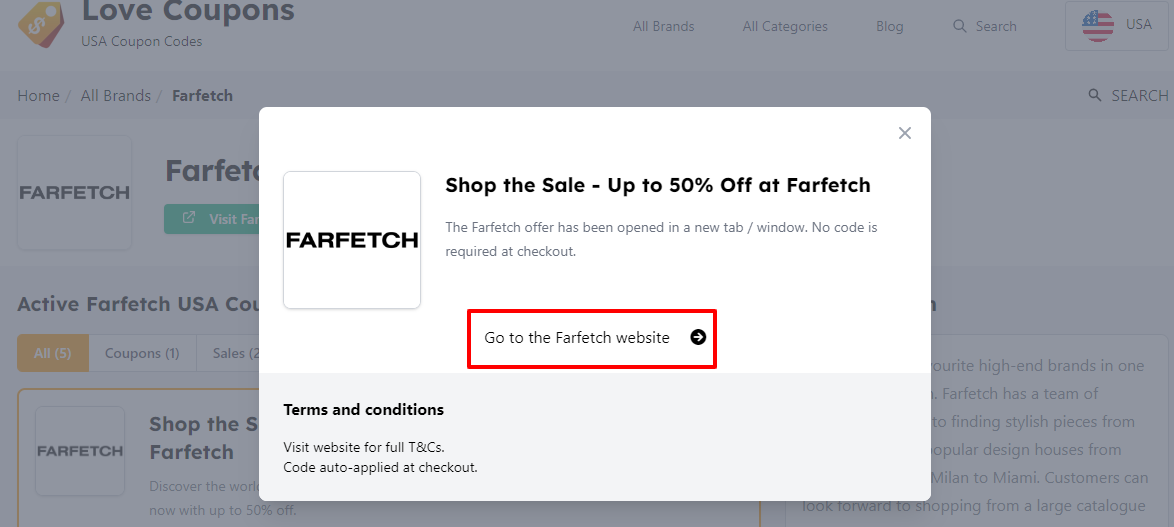 Box displayed on a darkened background of a Farfetch promo code with the terms and conditions showing
