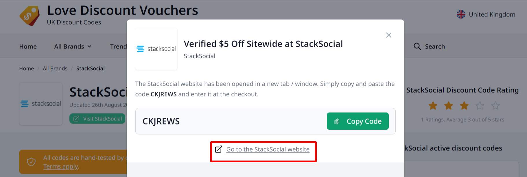 The red highlighted box is showing where to click to automatically go to the StackSocial website