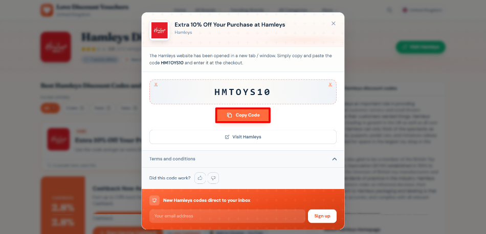 A pop-up displaying a Hamleys voucher code and its terms and conditions