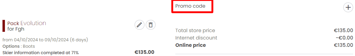 SKISET discount code box marked in red where customers put their code for it to be redeemed