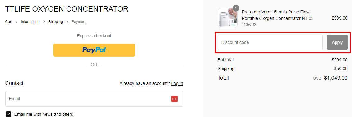 How do I use my TTLife Oxygen Concentrator discount code?