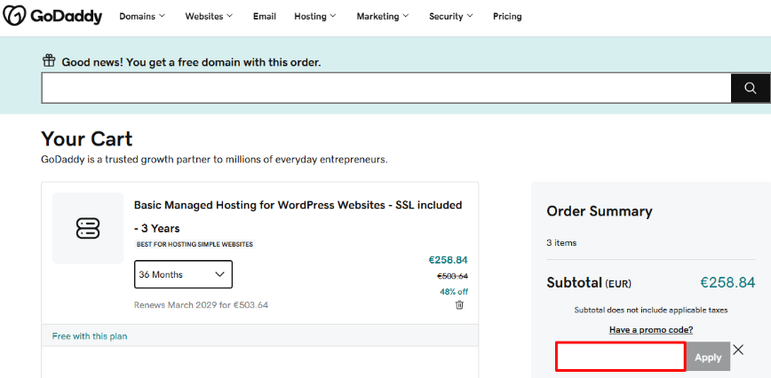 GoDaddy discount code spot seen by a red box