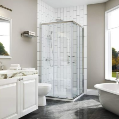 An Elegant Showers corner shower enclosure in a white bathroom