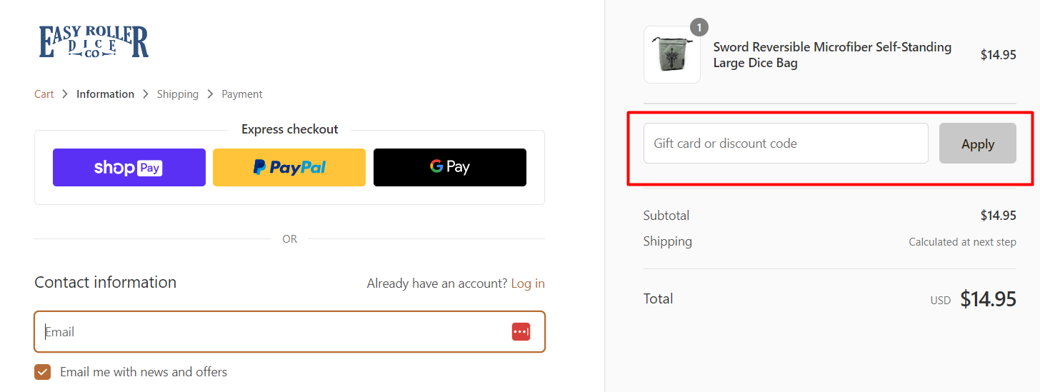 How do I use my Easy Roller Dice Company discount code?