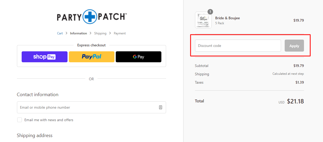 How do I use my PARTY PATCH coupon code?