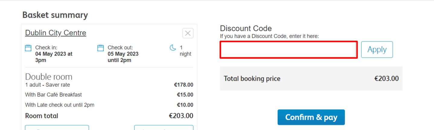 The brand checkout page with where to add the Travelodge UK discount code highlighted with a red box