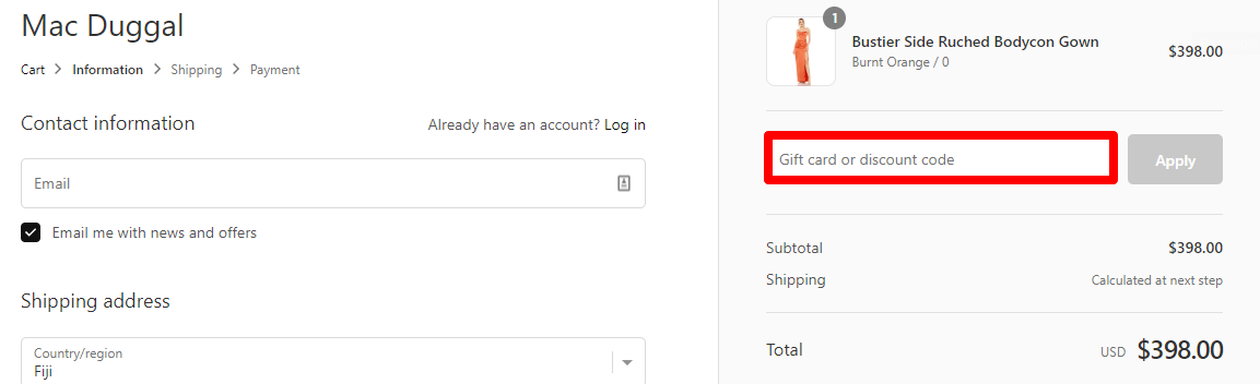 a Mac Duggal checkout page where a Mac Duggal coupon code marked by a red box can be pasted in