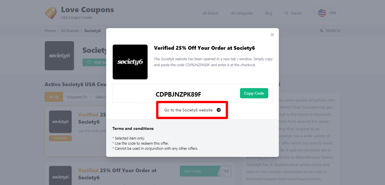 box hovering over a darkened background with a Society6 discount code and the “terms and conditions”