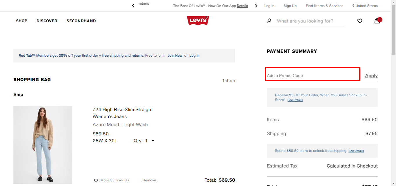 Levi's® promo code place highlighted with a red box on their checkout page