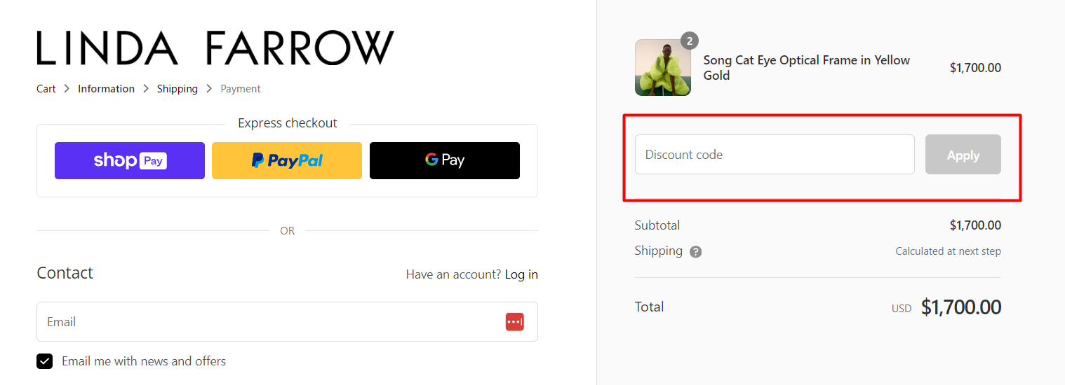 How do I use my Linda Farrow discount code?