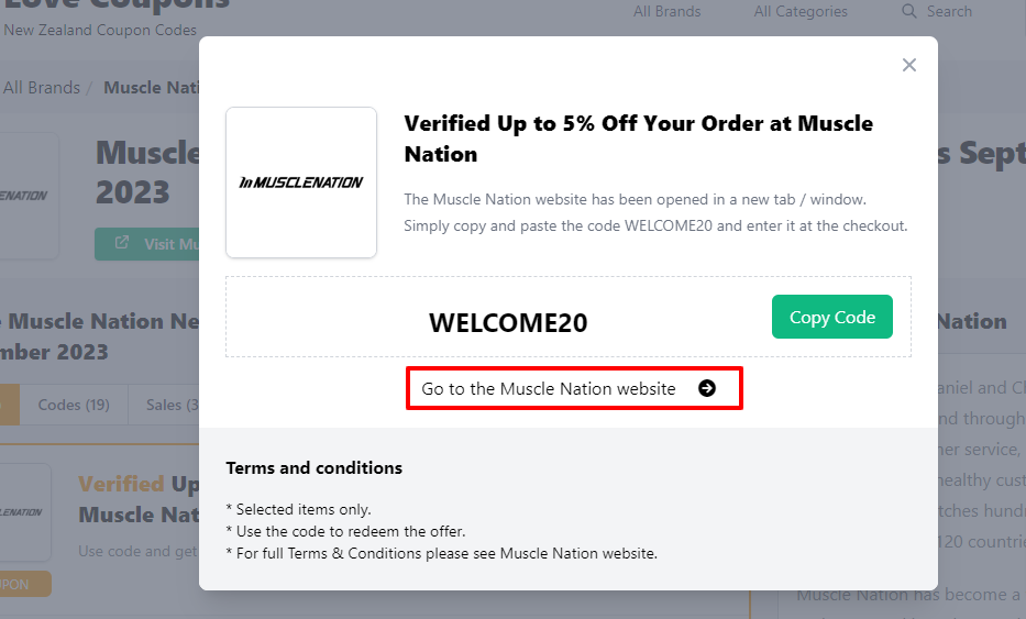A box displayed on a white background of a Muscle Nation discount code with ‘Go to the Muscle Nation website’ message