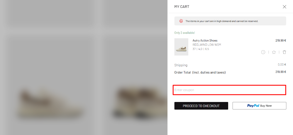 The cart tab, where you can apply your BSTN discount code to the order