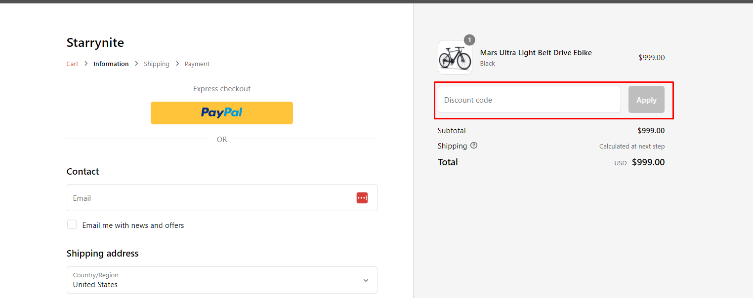 How do I use my Starrynitebikes discount code?