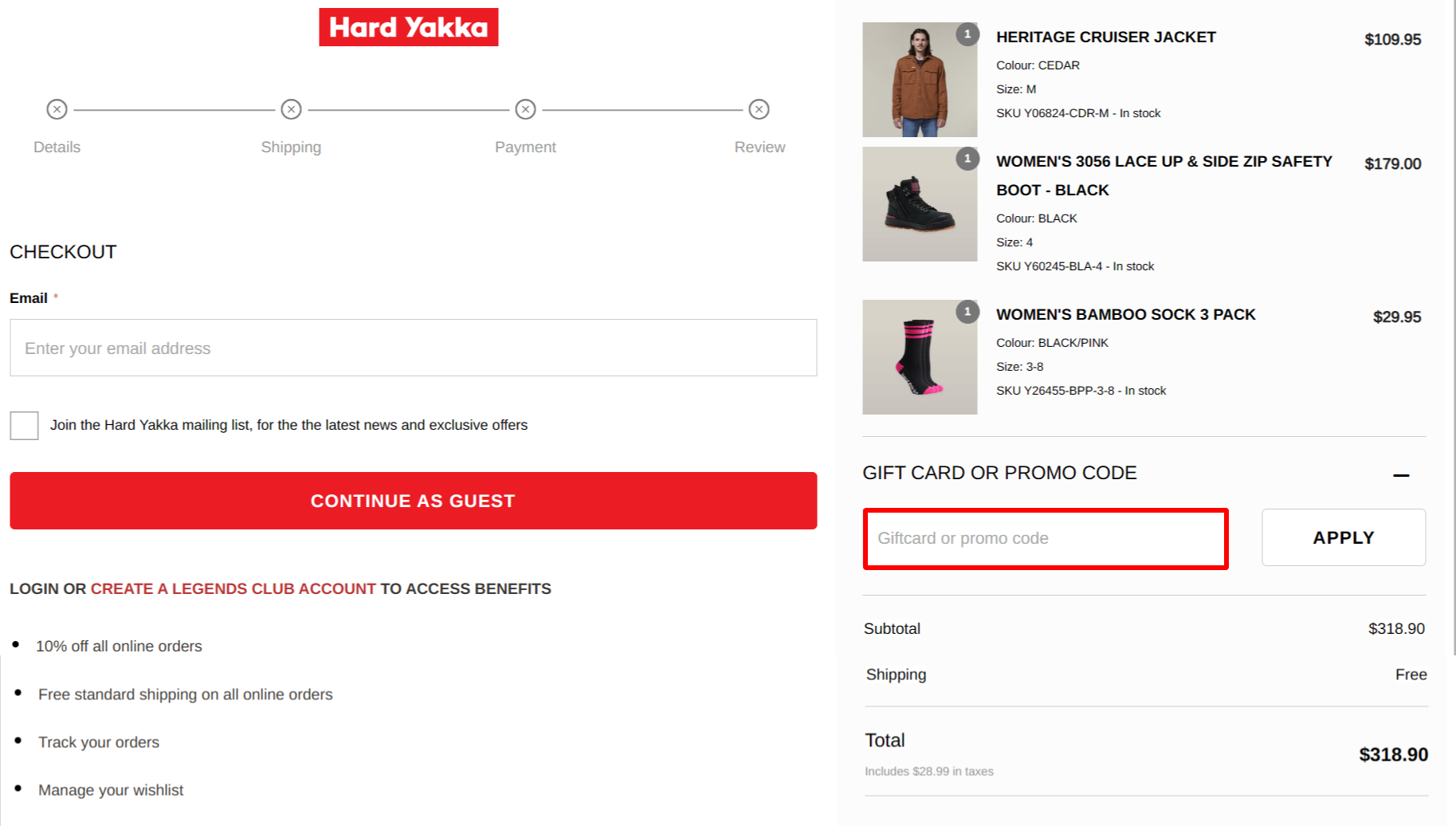 The brand checkout page with where to add the Hard Yakka discount code highlighted with a red box