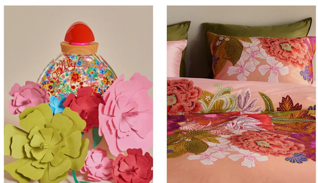 Bunte Bastelerzeugnisse in Blumenforn neben bunter Bettwäsche mit Blumenmuster