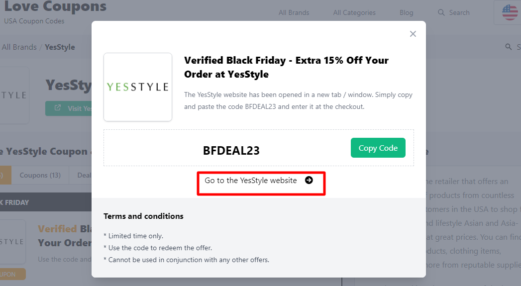 A box displayed on a white background of a YesStyle discount code with the message ‘Go to the YesStyle website’