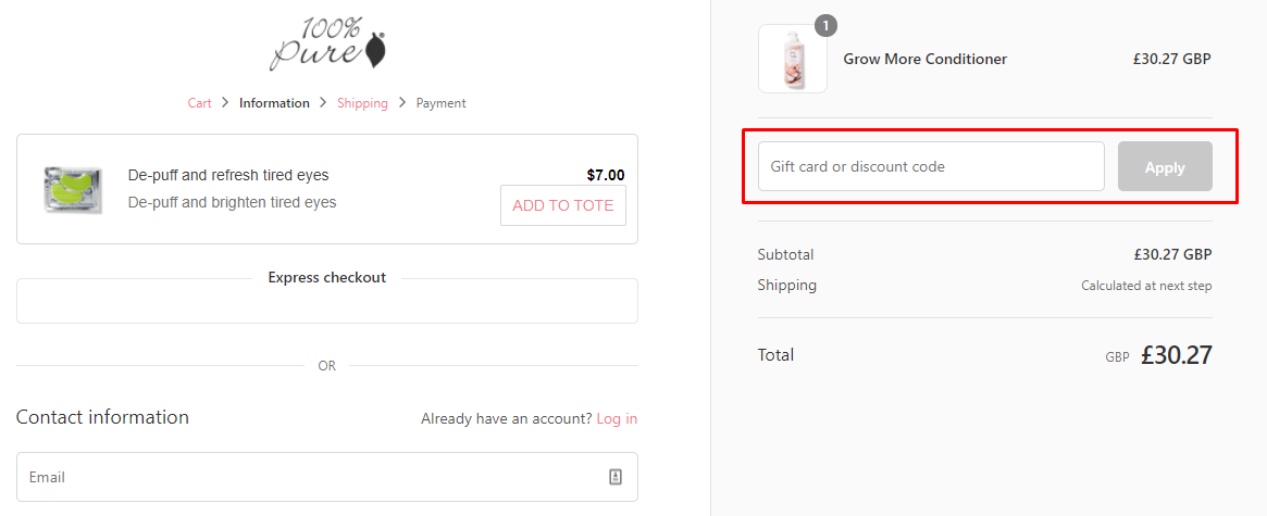 How do I use my 100% Pure discount code?