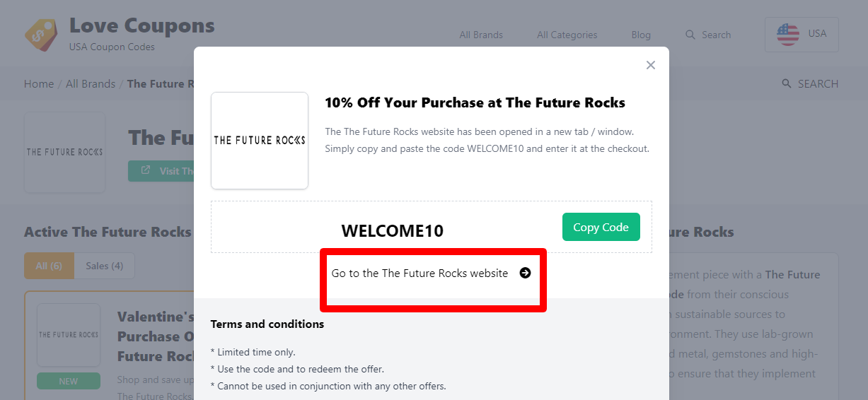 Box displayed on a darkened background of a The Future Rocks coupon code with the terms and conditions showing