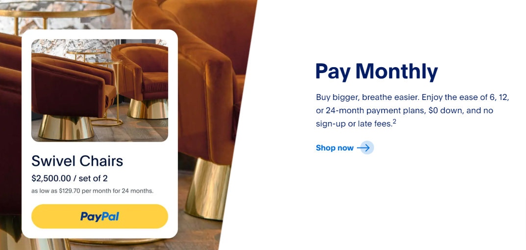 PayPal payment method showing purchase of chairs with an option to pay monthly