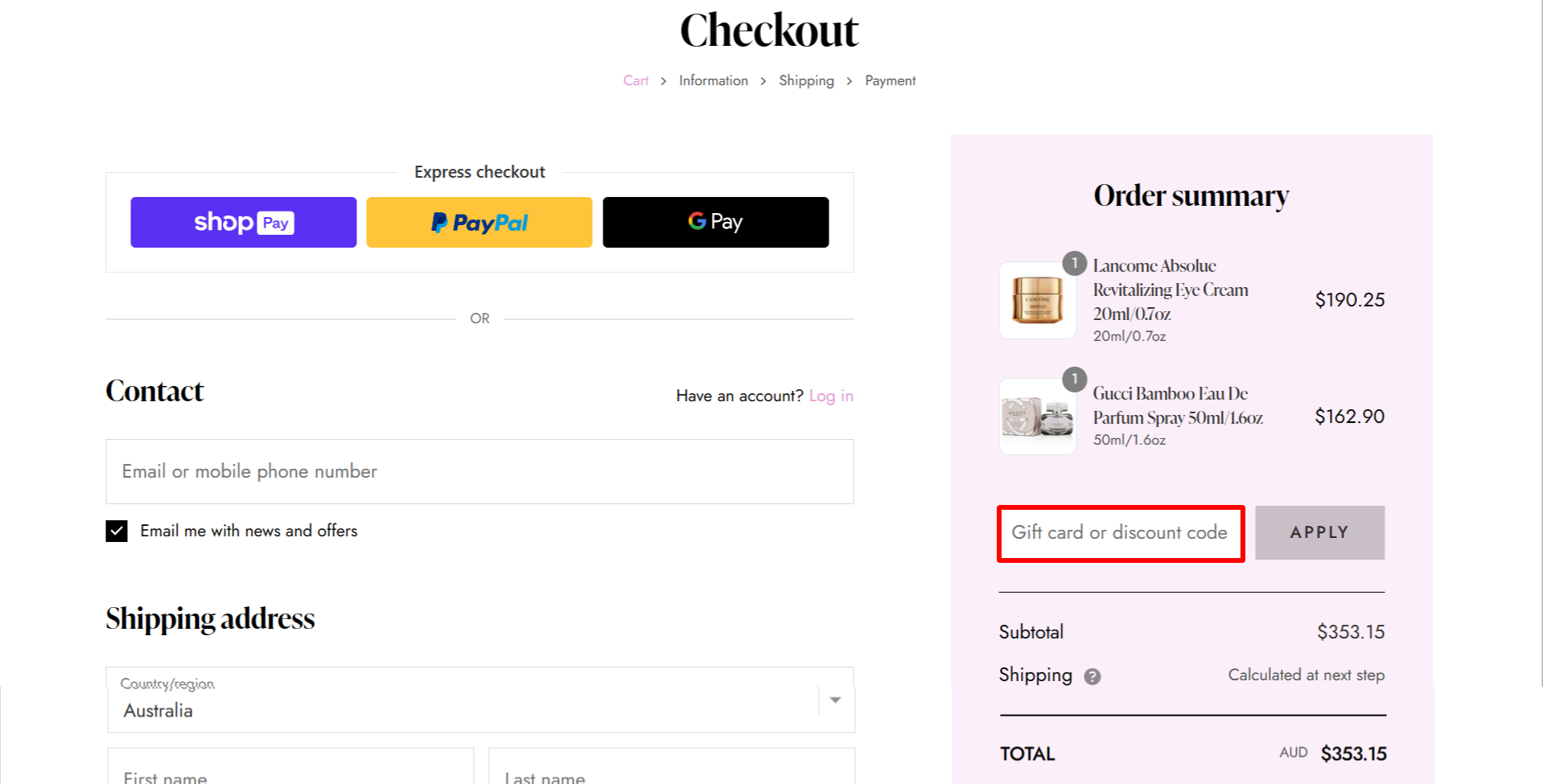 The brand checkout page with where to add the Fresh Beauty Co. discount code highlighted with a red box