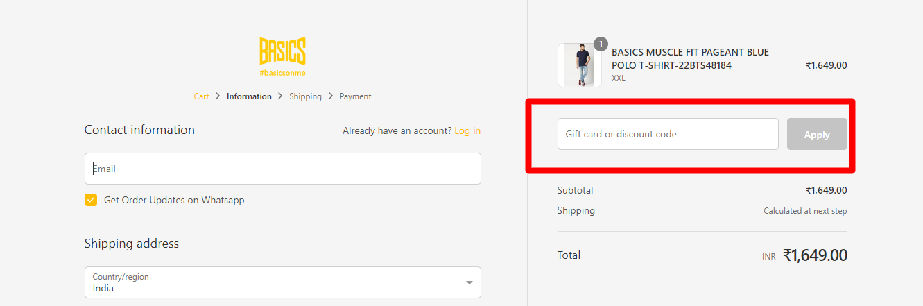 The brand checkout page with where to add the Basics Life discount code highlighted with a red box