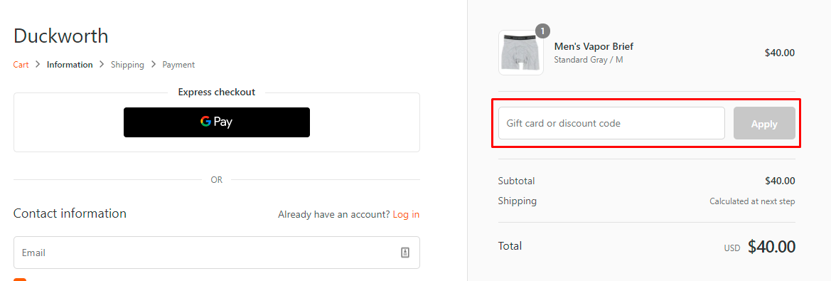 How do I use my Duckworth discount code?