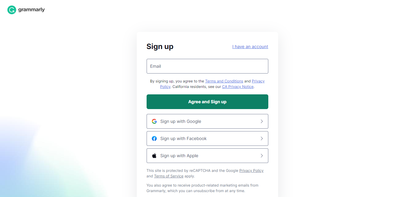 The sign-up page you need to fill in your details to create your account with a Grammarly coupon