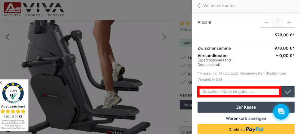 Warenkorb von As viva mit rotmarkiertem Eingabefeld für Rabattcodes