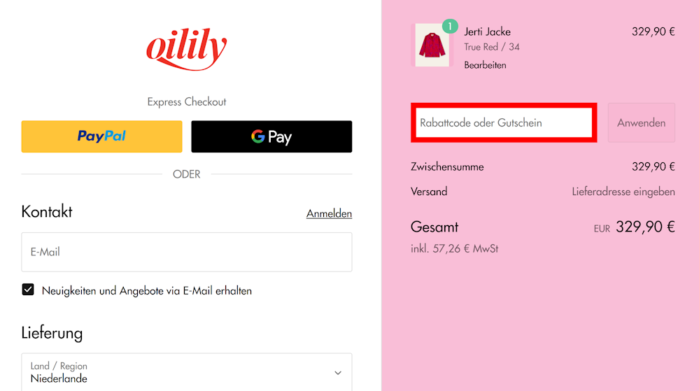 Check-out von Oilily mit einem rotmarkierten Eingabefeld für einen Gutschein