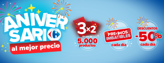 ofertas de carrefour de un 50% sobre fondo azúl con el logo de carrefour