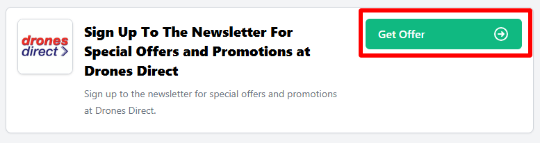 A Drones Direct offer with "Get Offer" highlighted in a red box.