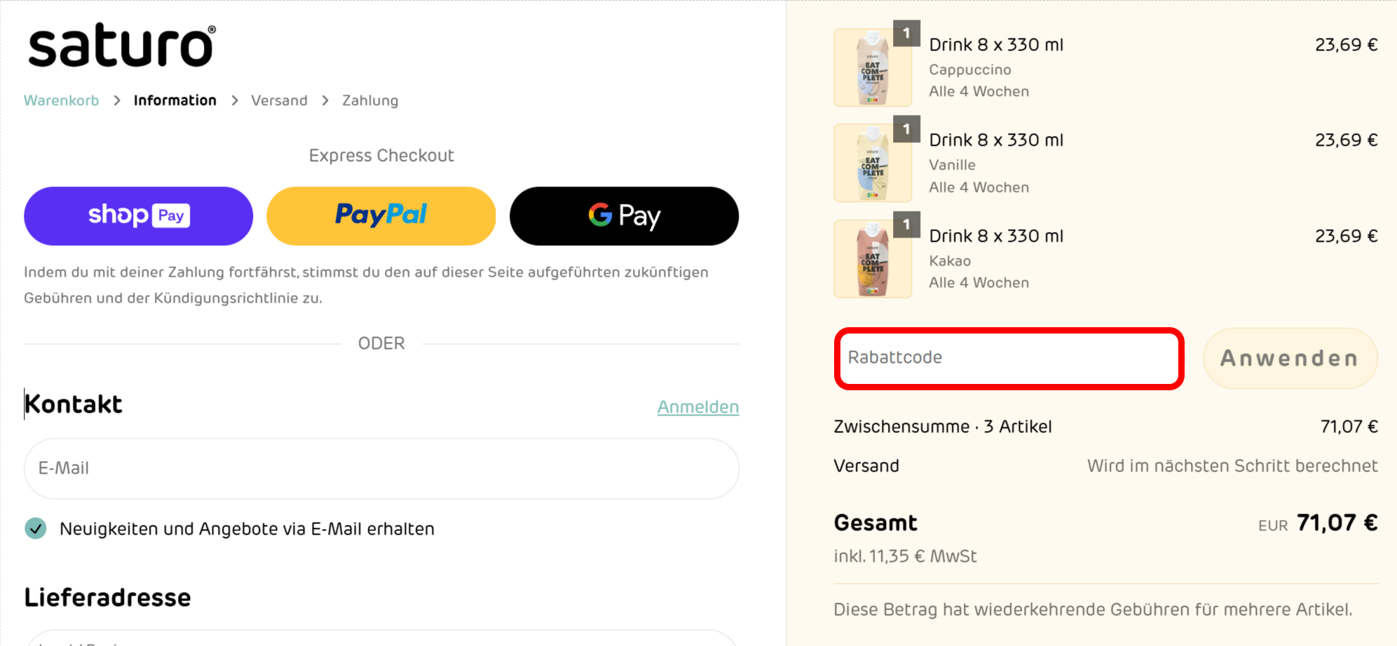 Der Checkout von SATURO mit einem rotmarkiertem Eingabfeld