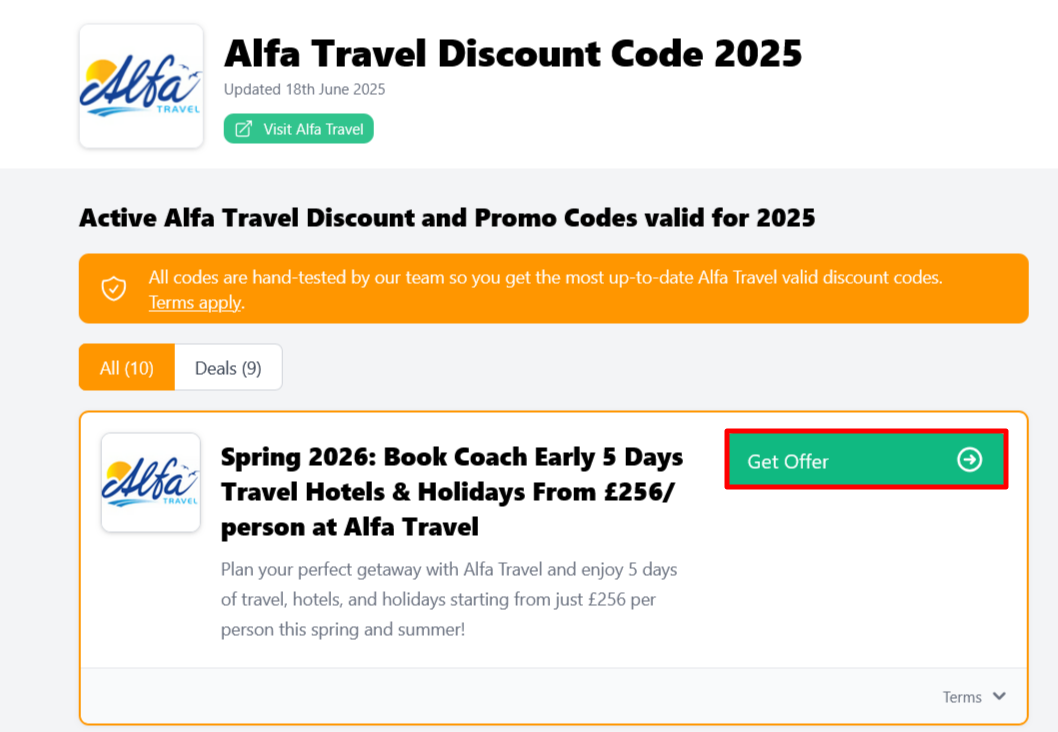 The page where you get a Alfa Travel offer