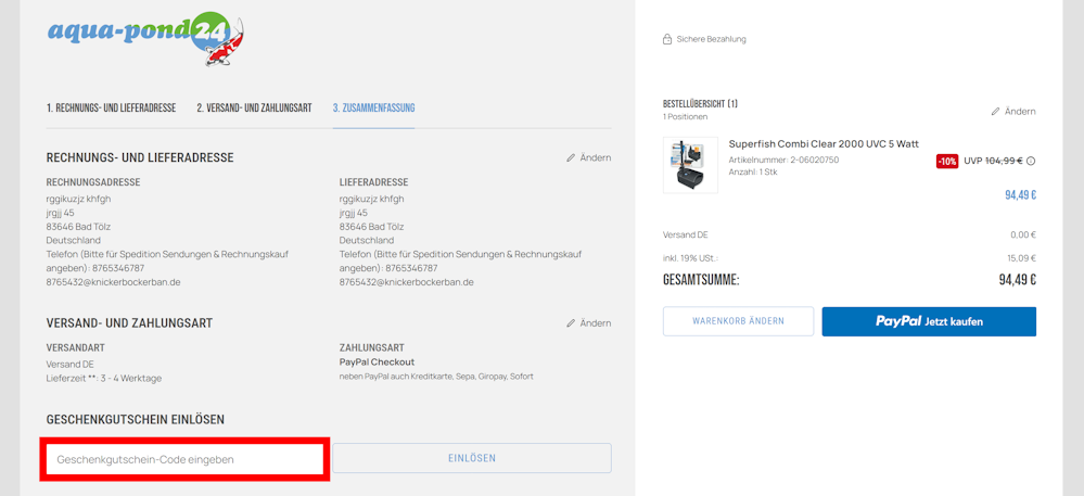 Bestellprozess von Aqua Pond24 mit rotmarkiertem Eingabefeld für Gutscheine