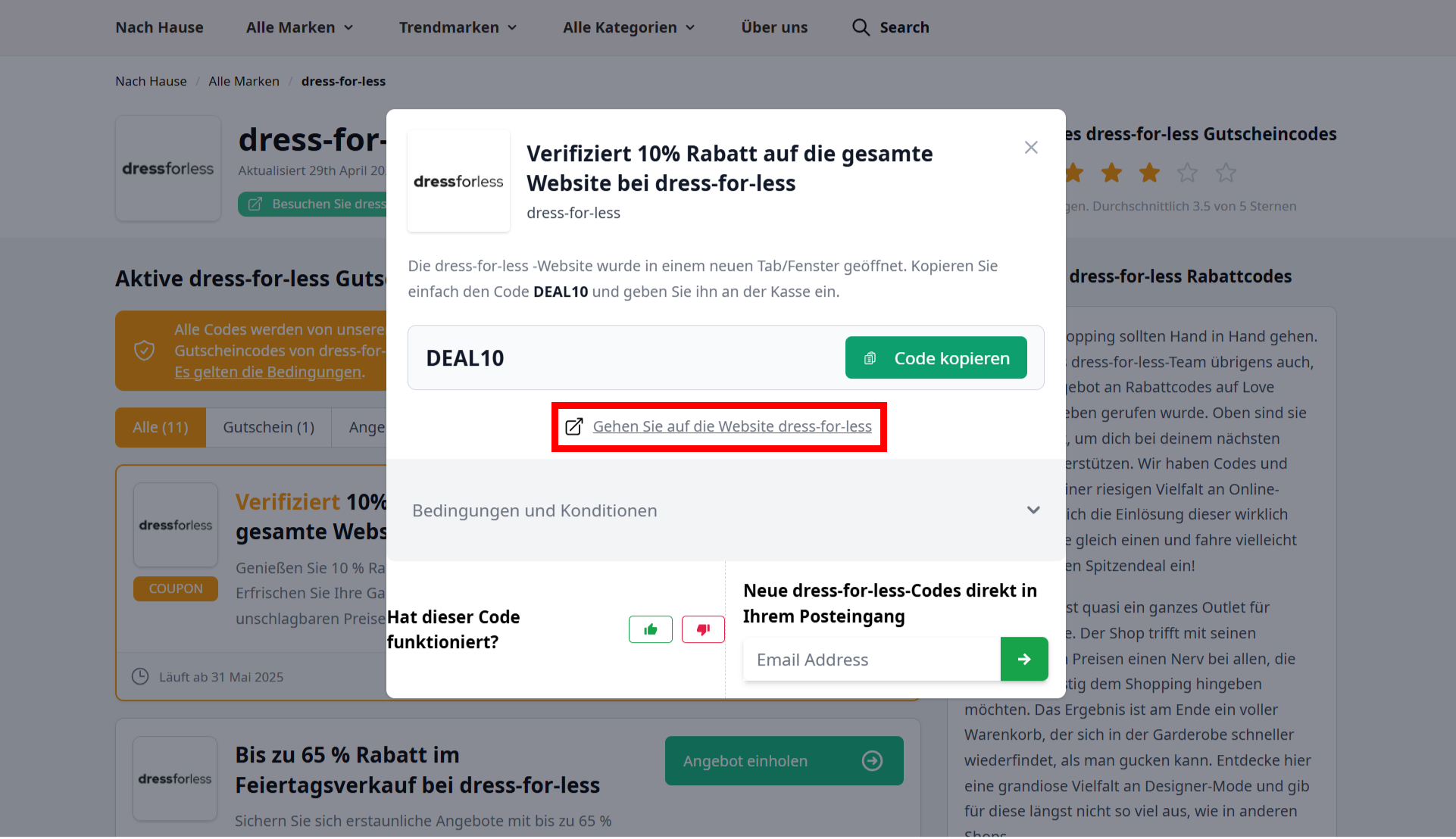 Ein offener Gutschein von dress-for-less mit einem rotmarkierten Link