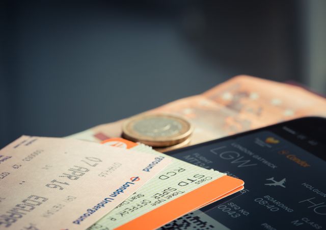 Airline ticket with coins and smartphone displaying the best deals on flights