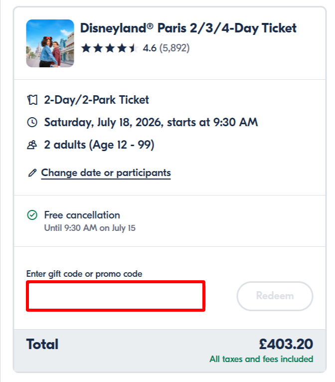 The GetYourGuide checkout page with where to paste the GetYourGuide voucher code in a red box
