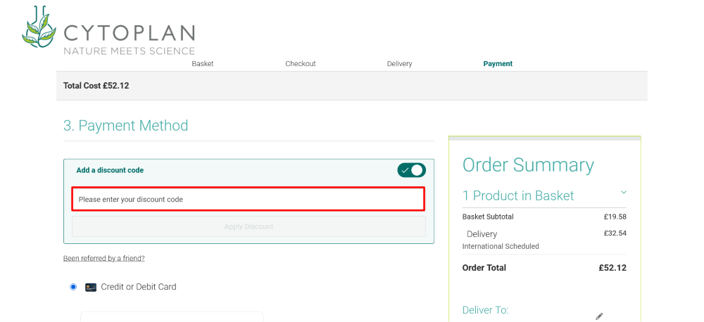 The Cytoplan order summary page with the discount code box highlighted with a red box
