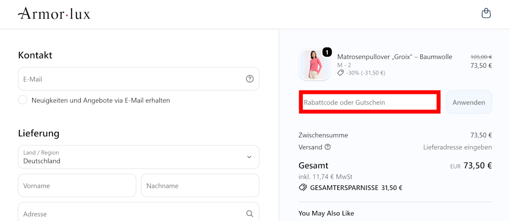 Bestellverlauf von Armor Lux mit rotmarkiertem Eingabefeld für Rabatcodes