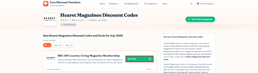The Hearst Magazines offer details and button on Love Discount Vouchers