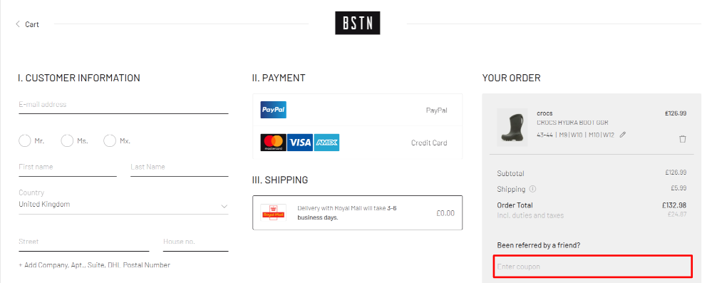 The BSTN checkout page and the voucher code box highlighted with a red box