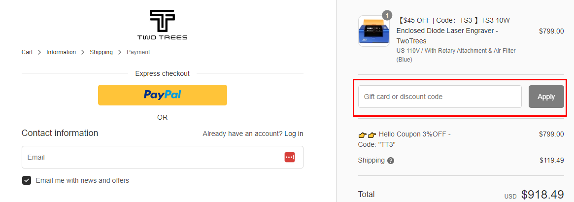 How do I use my TwoTrees discount code?