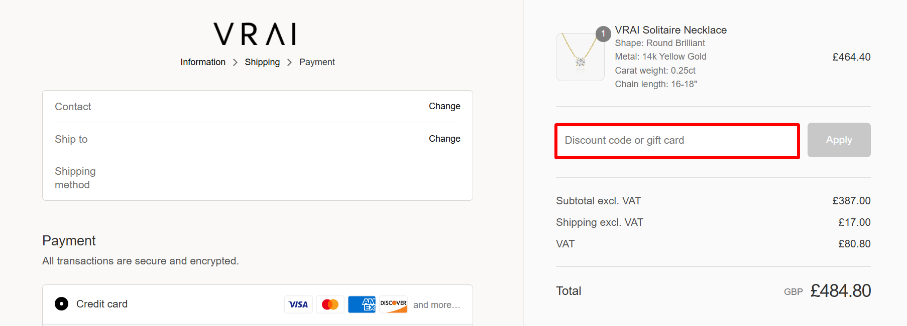 The checkout page that is showing a highlighted red box where to add a VRAI discount code.